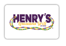 Henrys logo wrapped in purple, yellow, green mardi gras beads over white background